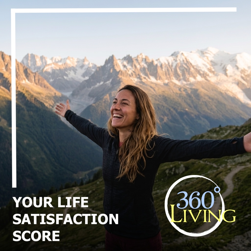 Life Satisfaction survey artwork showing a smiling person enjoying a mountain landscape